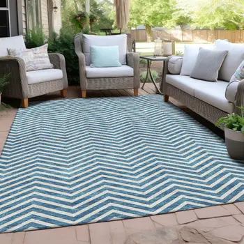 3' X 5' Teal Blue And Ivory Chevron Washable Indoor Outdoor Area Rug