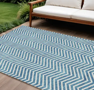 8' X 10' Teal Blue And Ivory Chevron Washable Indoor Outdoor Area Rug
