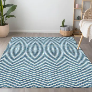 8' X 10' Teal Blue And Ivory Chevron Washable Indoor Outdoor Area Rug