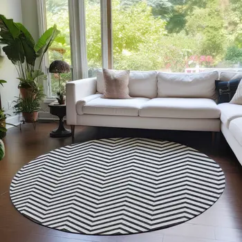 8' White And Black Round Chevron Washable Indoor Outdoor Area Rug