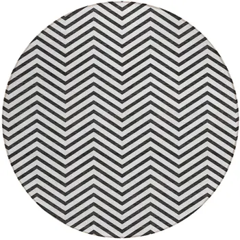 8' White And Black Round Chevron Washable Indoor Outdoor Area Rug