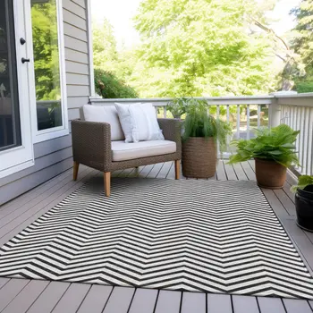 10' X 14' White And Black Chevron Washable Indoor Outdoor Area Rug