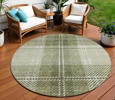 8' Artichoke Green Brown And Ivory Round Plaid Washable Indoor Outdoor Area Rug