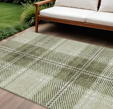 8' X 10' Artichoke Green Brown And Ivory Plaid Washable Indoor Outdoor Area Rug