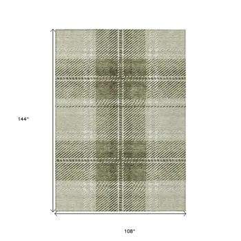 9' X 12' Artichoke Green Brown And Ivory Plaid Washable Indoor Outdoor Area Rug
