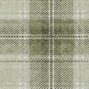 9' X 12' Artichoke Green Brown And Ivory Plaid Washable Indoor Outdoor Area Rug