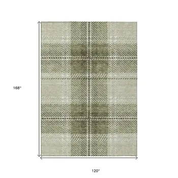 10' X 14' Artichoke Green Brown And Ivory Plaid Washable Indoor Outdoor Area Rug