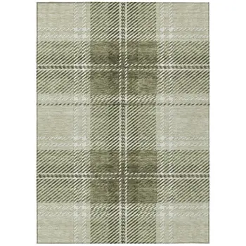 10' X 14' Artichoke Green Brown And Ivory Plaid Washable Indoor Outdoor Area Rug