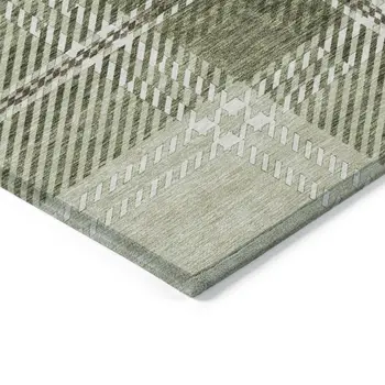 10' X 14' Artichoke Green Brown And Ivory Plaid Washable Indoor Outdoor Area Rug