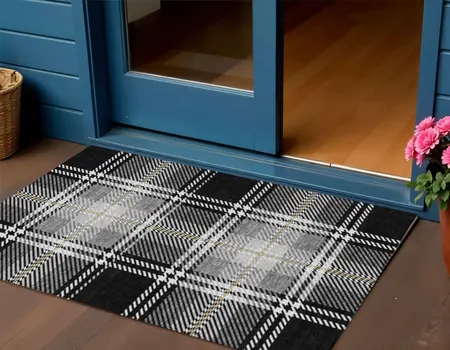 3' X 5' Black Gold And Gray Plaid Washable Indoor Outdoor Area Rug