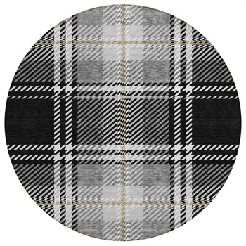 8' Black Gold And Gray Round Plaid Washable Indoor Outdoor Area Rug
