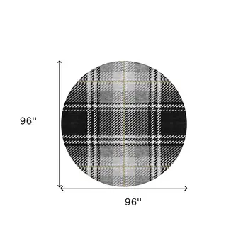 8' Black Gold And Gray Round Plaid Washable Indoor Outdoor Area Rug