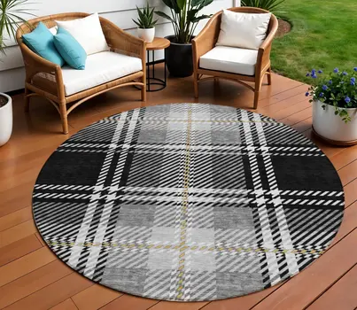 8' Black Gold And Gray Round Plaid Washable Indoor Outdoor Area Rug