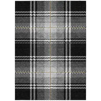 8' X 10' Black Gold And Gray Plaid Washable Indoor Outdoor Area Rug