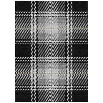 9' X 12' Black Gold And Gray Plaid Washable Indoor Outdoor Area Rug