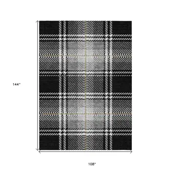 9' X 12' Black Gold And Gray Plaid Washable Indoor Outdoor Area Rug