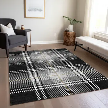 9' X 12' Black Gold And Gray Plaid Washable Indoor Outdoor Area Rug