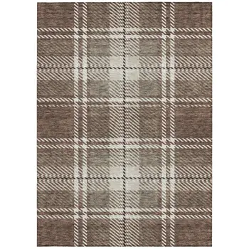 5' X 8' Brown Black And Ivory Plaid Washable Indoor Outdoor Area Rug