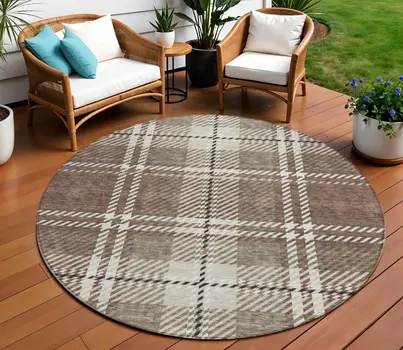 8' Brown Black And Ivory Round Plaid Washable Indoor Outdoor Area Rug