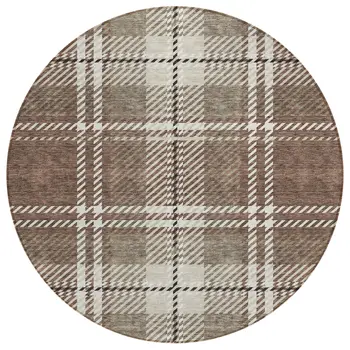 8' Brown Black And Ivory Round Plaid Washable Indoor Outdoor Area Rug