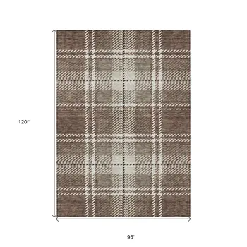 8' X 10' Brown Black And Ivory Plaid Washable Indoor Outdoor Area Rug
