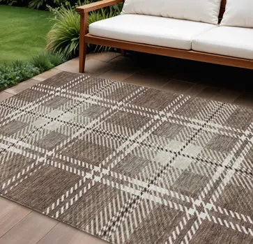 8' X 10' Brown Black And Ivory Plaid Washable Indoor Outdoor Area Rug