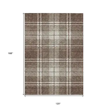 10' X 14' Brown Black And Ivory Plaid Washable Indoor Outdoor Area Rug