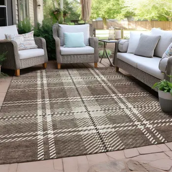 10' X 14' Brown Black And Ivory Plaid Washable Indoor Outdoor Area Rug