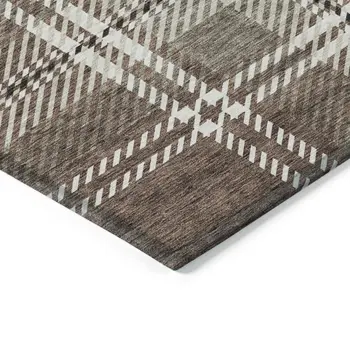 10' X 14' Brown Black And Ivory Plaid Washable Indoor Outdoor Area Rug