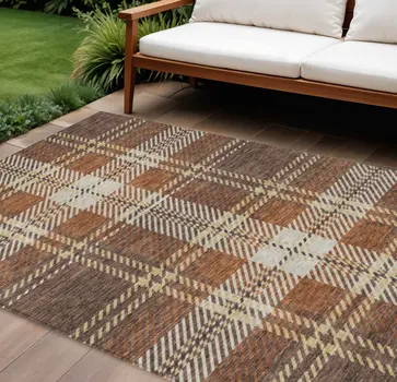 8' X 10' Chocolate Copper And Gold Plaid Washable Indoor Outdoor Area Rug