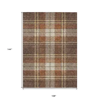 9' X 12' Chocolate Copper And Gold Plaid Washable Indoor Outdoor Area Rug