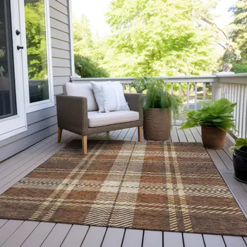 10' X 14' Chocolate Copper And Gold Plaid Washable Indoor Outdoor Area Rug