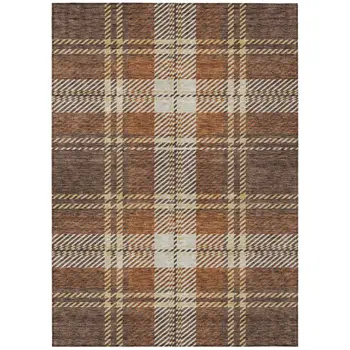 10' X 14' Chocolate Copper And Gold Plaid Washable Indoor Outdoor Area Rug