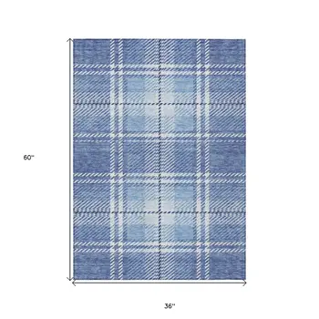 3' X 5' Denim Blue And Ivory Plaid Washable Indoor Outdoor Area Rug