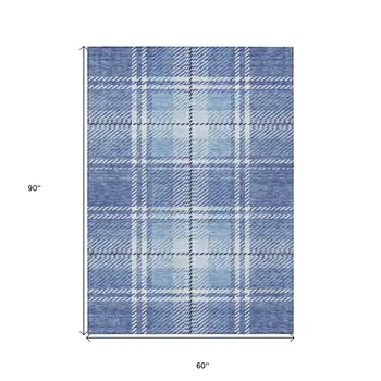 5' X 8' Denim Blue And Ivory Plaid Washable Indoor Outdoor Area Rug