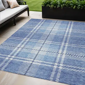 5' X 8' Denim Blue And Ivory Plaid Washable Indoor Outdoor Area Rug