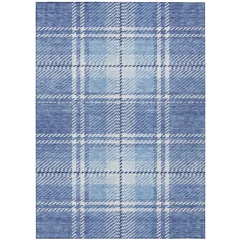 5' X 8' Denim Blue And Ivory Plaid Washable Indoor Outdoor Area Rug