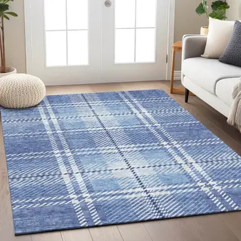 5' X 8' Denim Blue And Ivory Plaid Washable Indoor Outdoor Area Rug