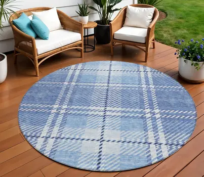 8' Denim Blue And Ivory Round Plaid Washable Indoor Outdoor Area Rug
