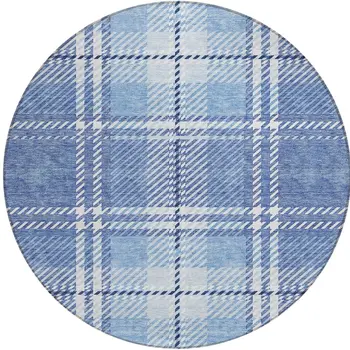 8' Denim Blue And Ivory Round Plaid Washable Indoor Outdoor Area Rug
