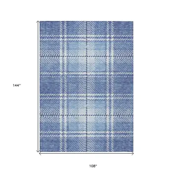 9' X 12' Denim Blue And Ivory Plaid Washable Indoor Outdoor Area Rug
