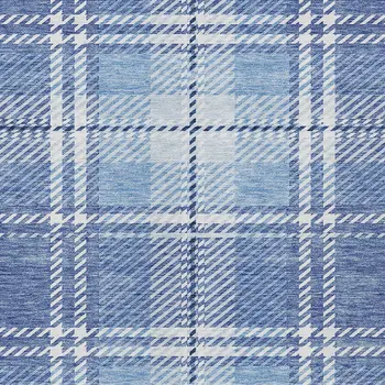 9' X 12' Denim Blue And Ivory Plaid Washable Indoor Outdoor Area Rug