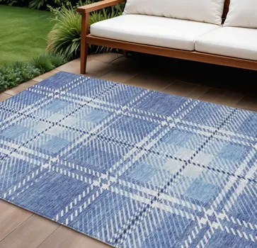 10' X 14' Denim Blue And Ivory Plaid Washable Indoor Outdoor Area Rug