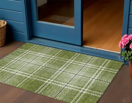 3' X 5' Green Black And Ivory Plaid Washable Indoor Outdoor Area Rug