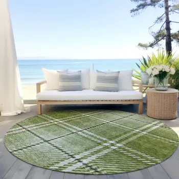 8' Green Black And Ivory Round Plaid Washable Indoor Outdoor Area Rug