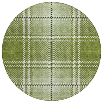 8' Green Black And Ivory Round Plaid Washable Indoor Outdoor Area Rug