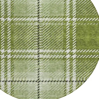 8' Green Black And Ivory Round Plaid Washable Indoor Outdoor Area Rug