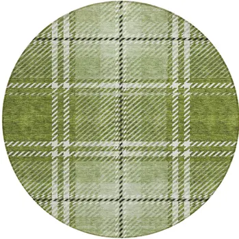 8' Green Black And Ivory Round Plaid Washable Indoor Outdoor Area Rug