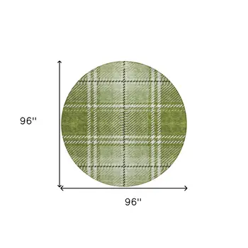8' Green Black And Ivory Round Plaid Washable Indoor Outdoor Area Rug