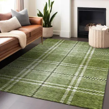 10' X 14' Green Black And Ivory Plaid Washable Indoor Outdoor Area Rug